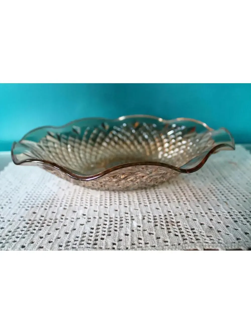 Amber Depression Carnival Glass Shallow Bowl, 11 inches